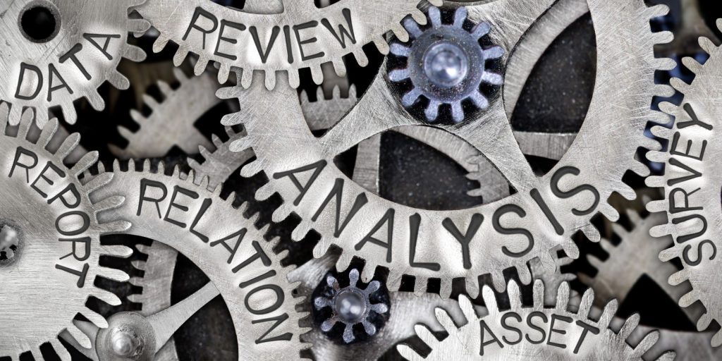 Interlocking gears with data analysis and review terminology for field examination services.