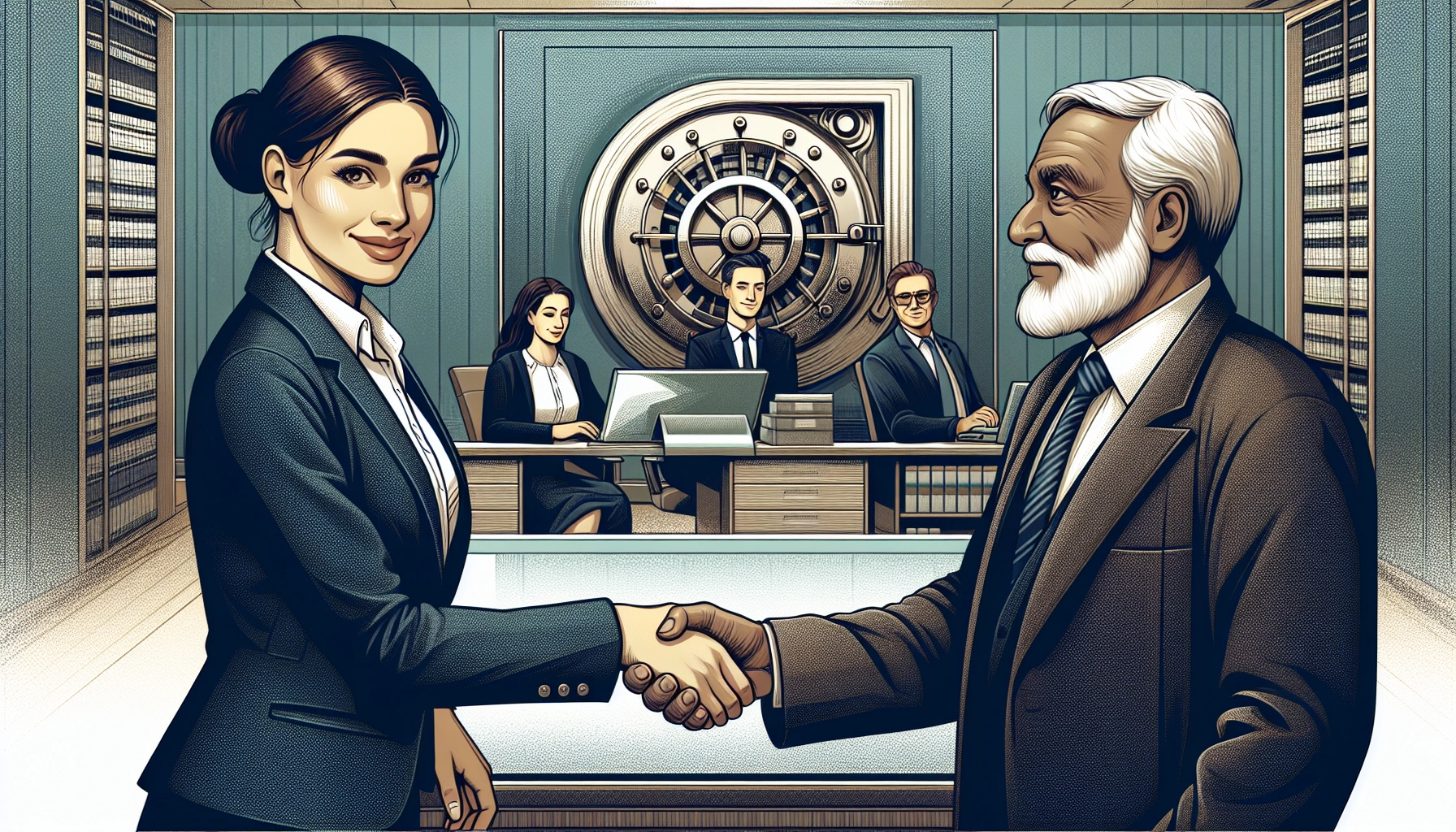 Businesswoman and older businessman shaking hands in a vault-like office with colleagues at a desk.
