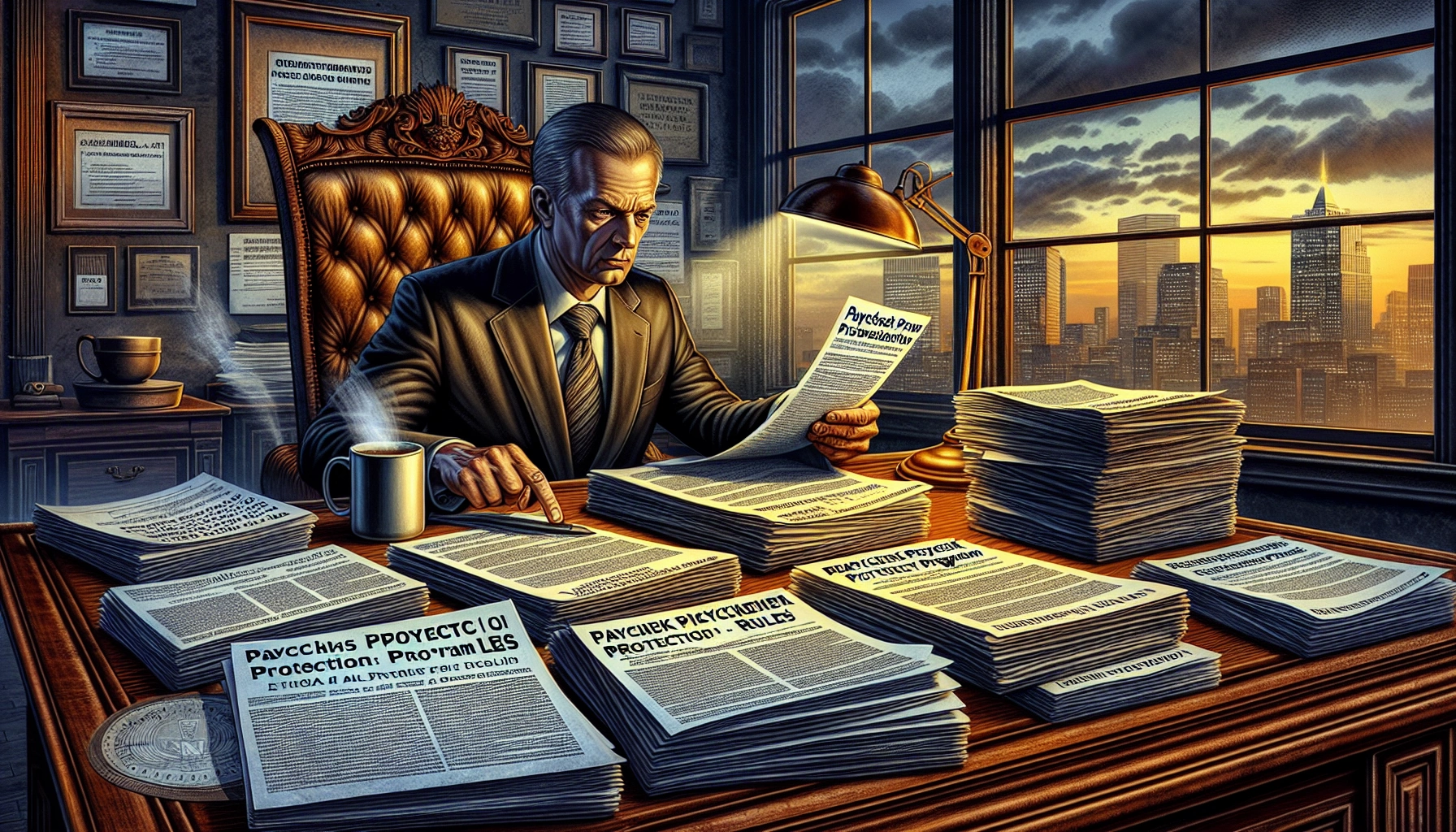 A suited man at a desk sorting through stacks of documents with a city skyline glowing at sunset visible through the window.