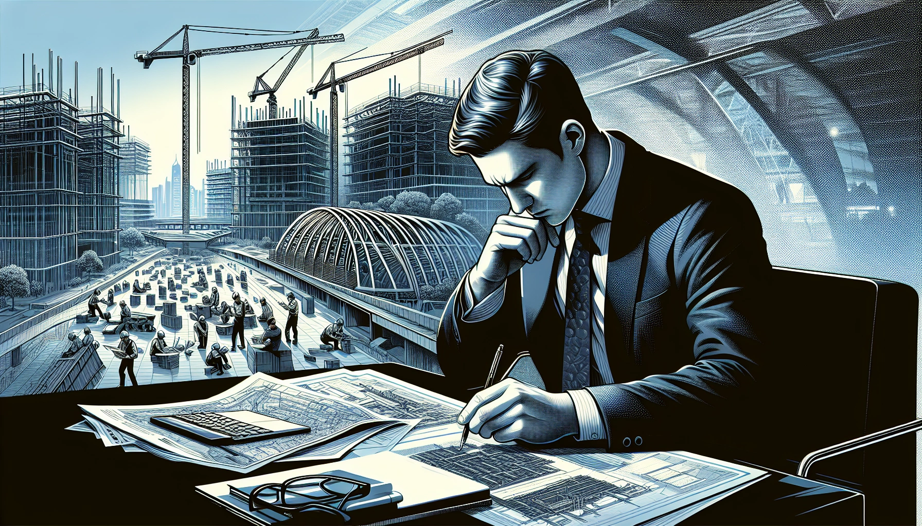 Businessman in a suit reviewing blueprints at a desk with a construction site in the background.