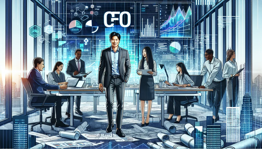 Business team in a modern office with large CFO charts and graphs projected on a glass wall.